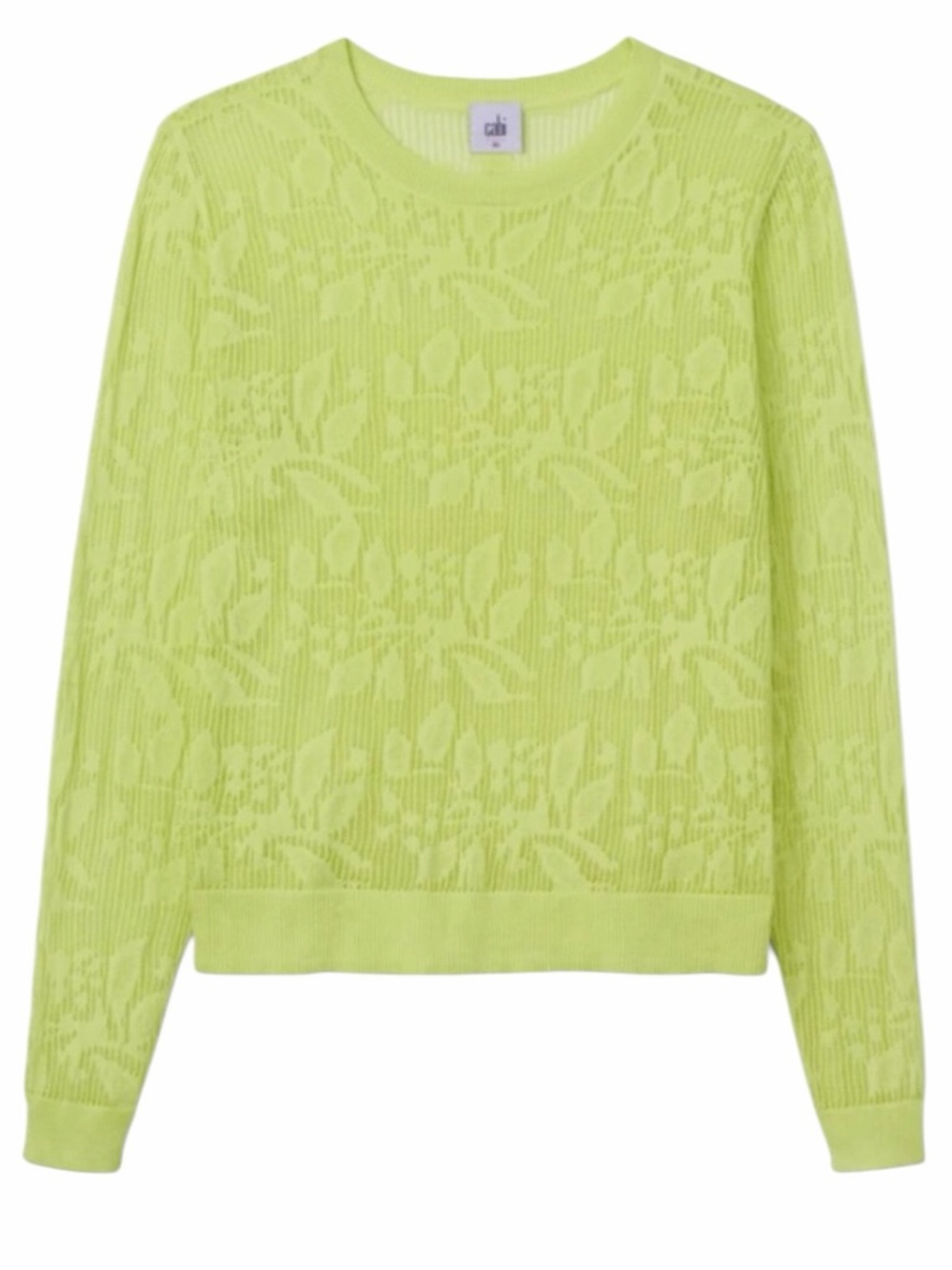 Cabi Large 6655 Summer Sweater Floral Embossed Long Sleeve Neon Lace Crewneck